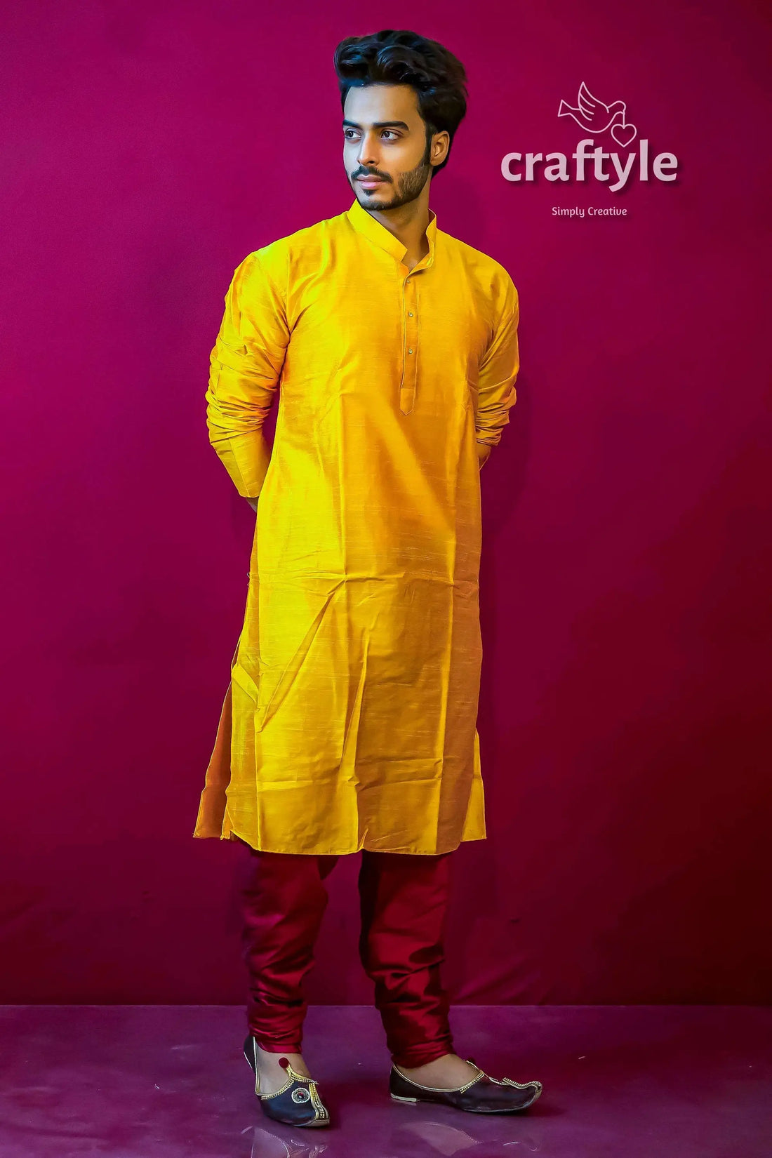 Butterscotch yellow mens silk kurta indian wedding collection man yellow kurta red pants 2