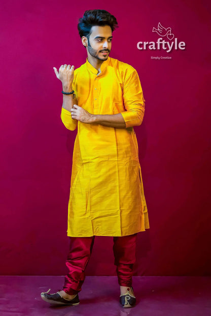 Butterscotch yellow mens silk kurta indian wedding collection man yellow kurta red pants 4