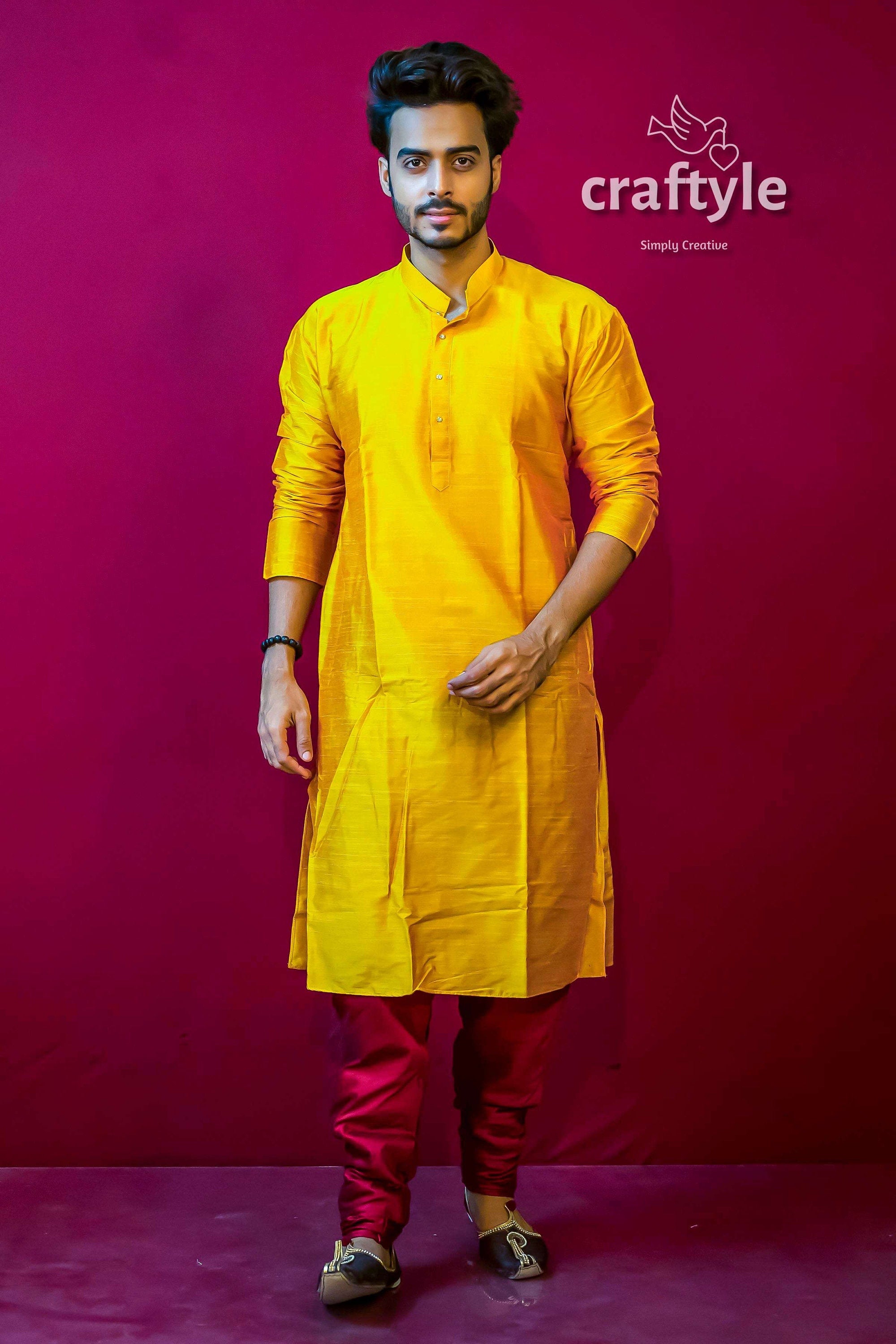 Butterscotch Yellow Mens Silk Kurta Indian Wedding Collection - Craftyle