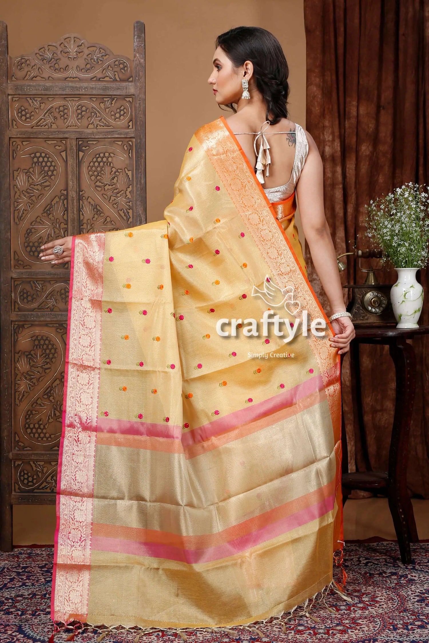 Butterscotch yellow tissue soft silk organza saree woman yellow pink saree 4