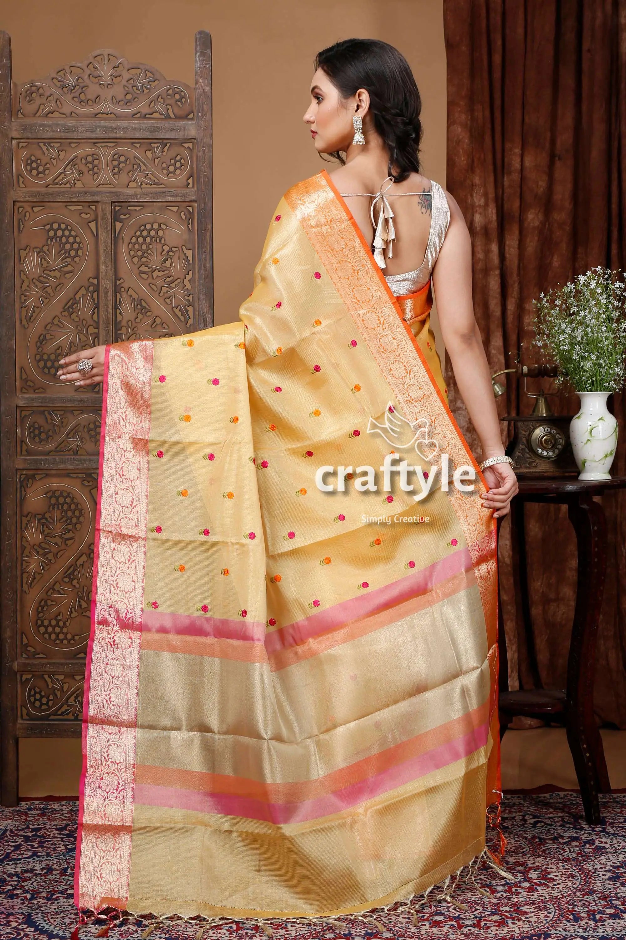 Butterscotch yellow tissue soft silk organza saree woman yellow pink saree 4