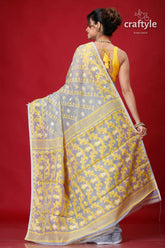 Cadet grey festive soft jamdani sari gray yellow floral saree 5