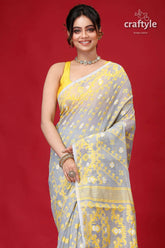 Cadet grey festive soft jamdani sari woman gray yellow saree 2