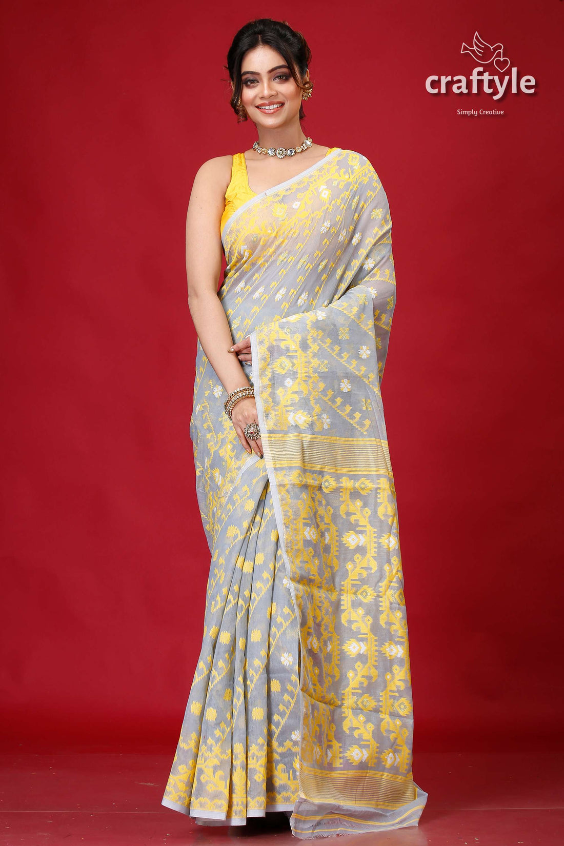 Cadet Grey Festive Soft Jamdani Sari-Craftyle
