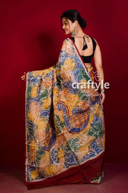 Cadmium orange handcrafted batik silk saree - pure mulberry hand-painted silk saree peacock motif 4