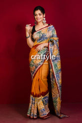 Cadmium orange handcrafted batik silk saree - pure mulberry woman yellow patterned saree 2