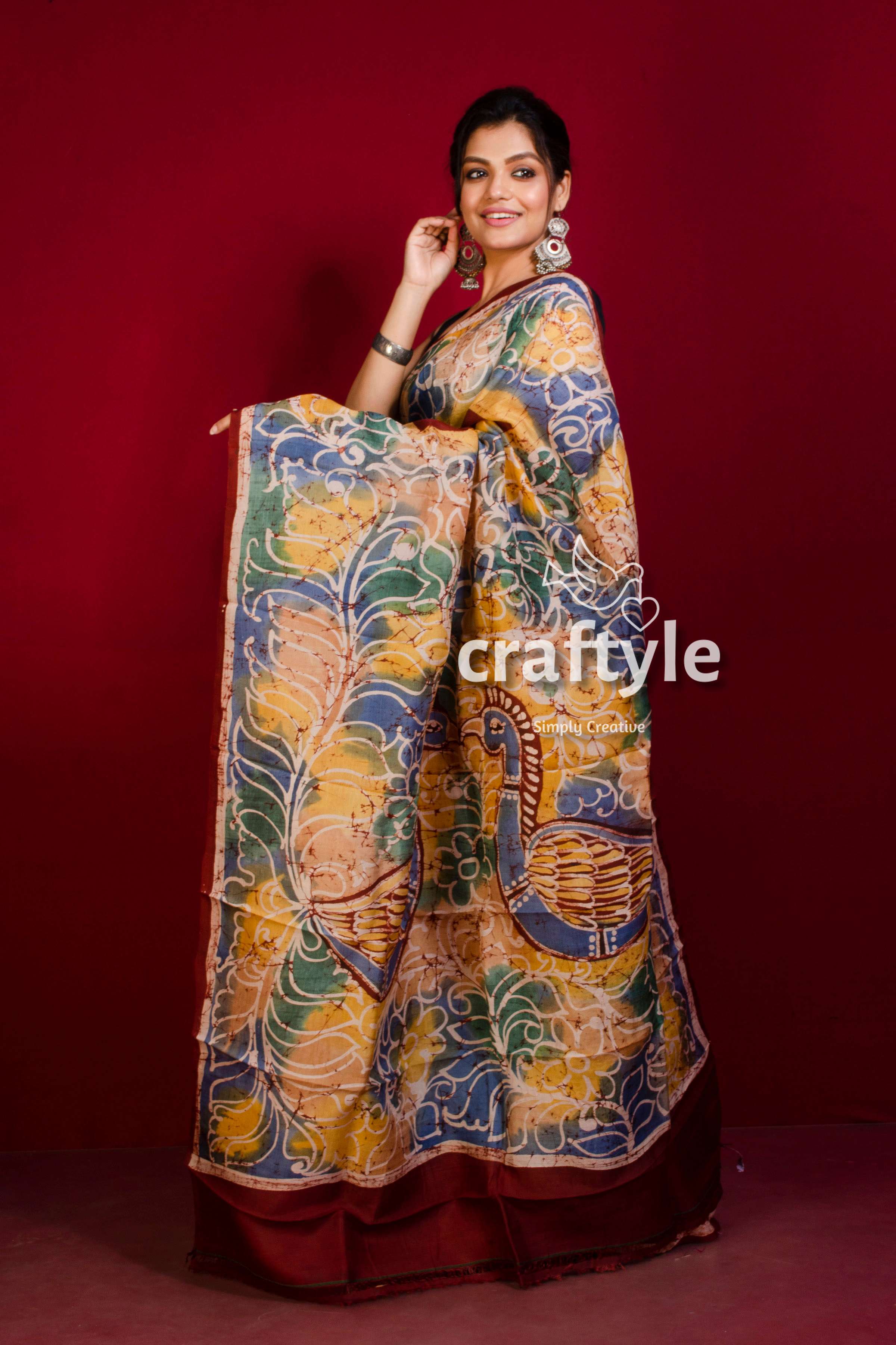 Cadmium Orange Handcrafted Batik Silk Saree - Pure Mulberry Silk - Craftyle