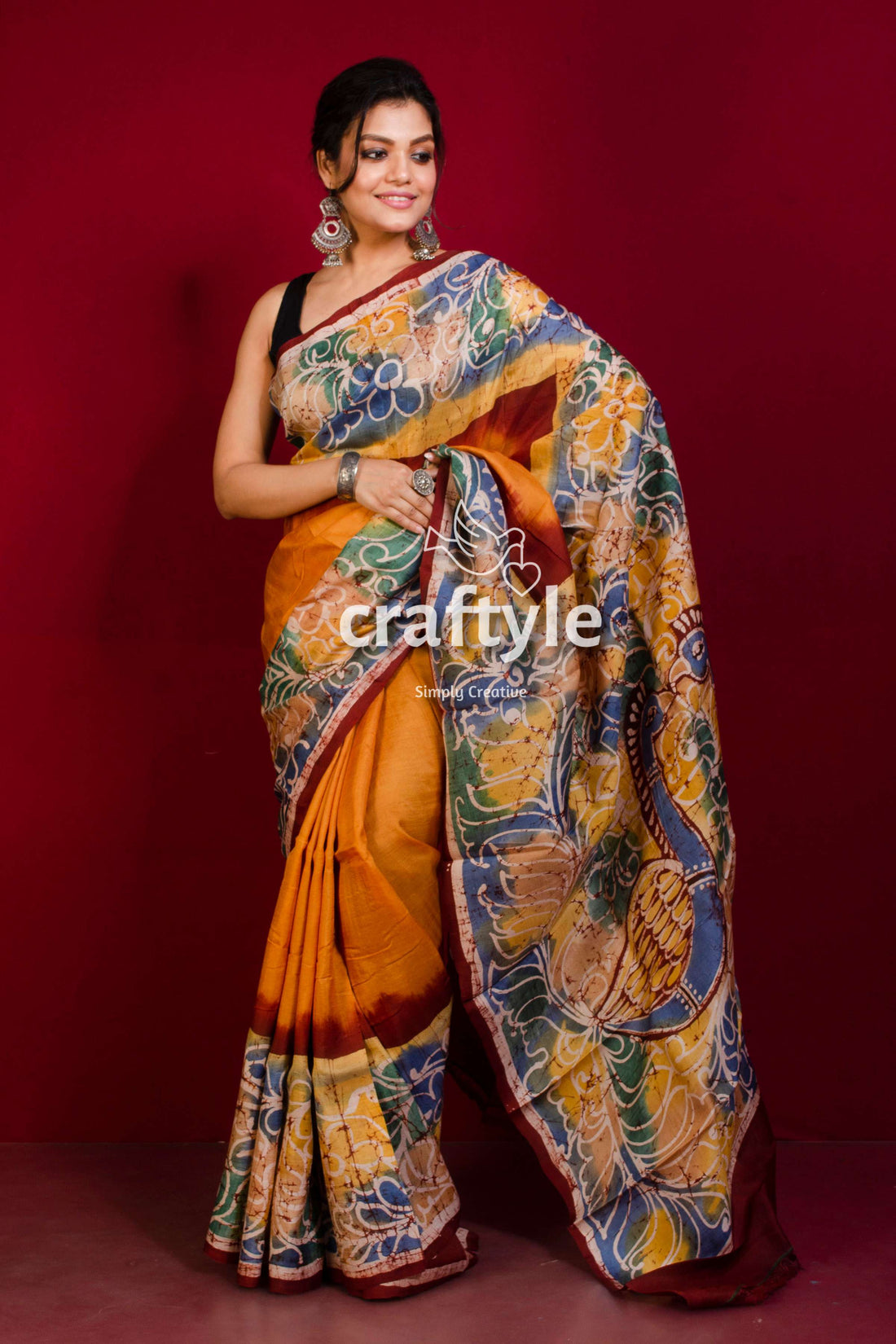Cadmium Orange Handcrafted Batik Silk Saree - Pure Murshidabad Silk-Craftyle