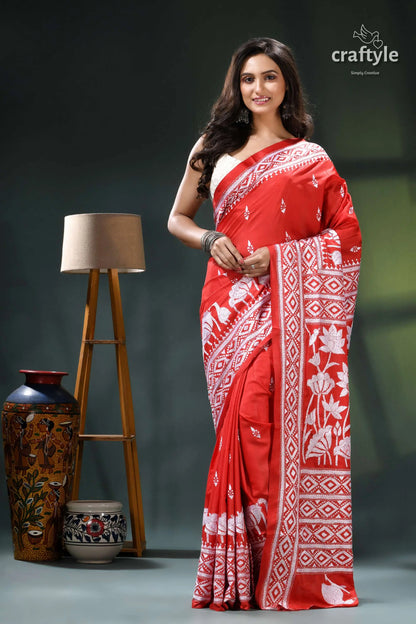 Cadmium red and white artisanal silk kantha saree - lotus design red white saree intricate floral 1