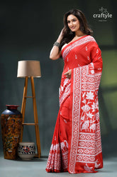 Cadmium red and white artisanal silk kantha saree - lotus design red white saree floral pattern 3