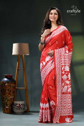 Cadmium red and white artisanal silk kantha saree - lotus design red white saree intricate floral 6