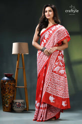 Cadmium red and white artisanal silk kantha saree - lotus design red white saree elephant design 4