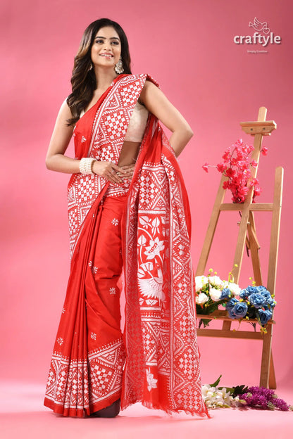 Cadmium red white thread work silk kantha saree red white patterned saree 7