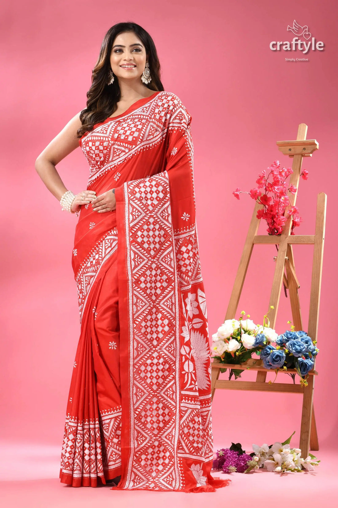 Cadmium red white thread work silk kantha saree vibrant red white patterned saree 1