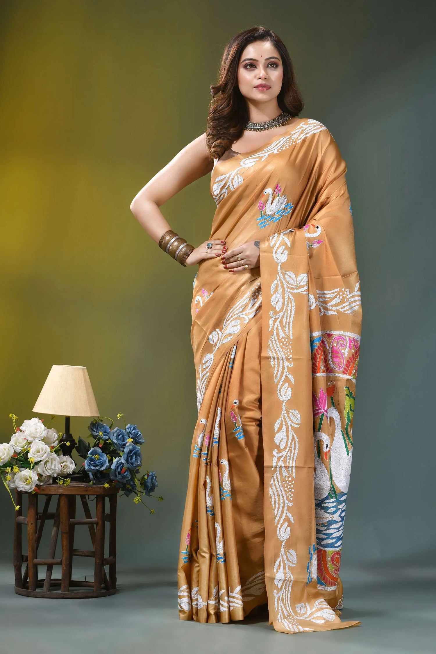 Camel gold multicolor swan design silk kantha saree woman wears golden-brown silk saree 6