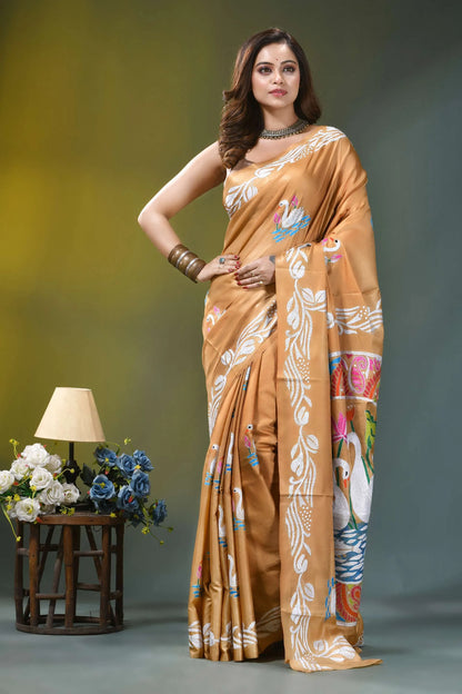 Camel gold multicolor swan design silk kantha saree woman wears golden-brown silk saree 6