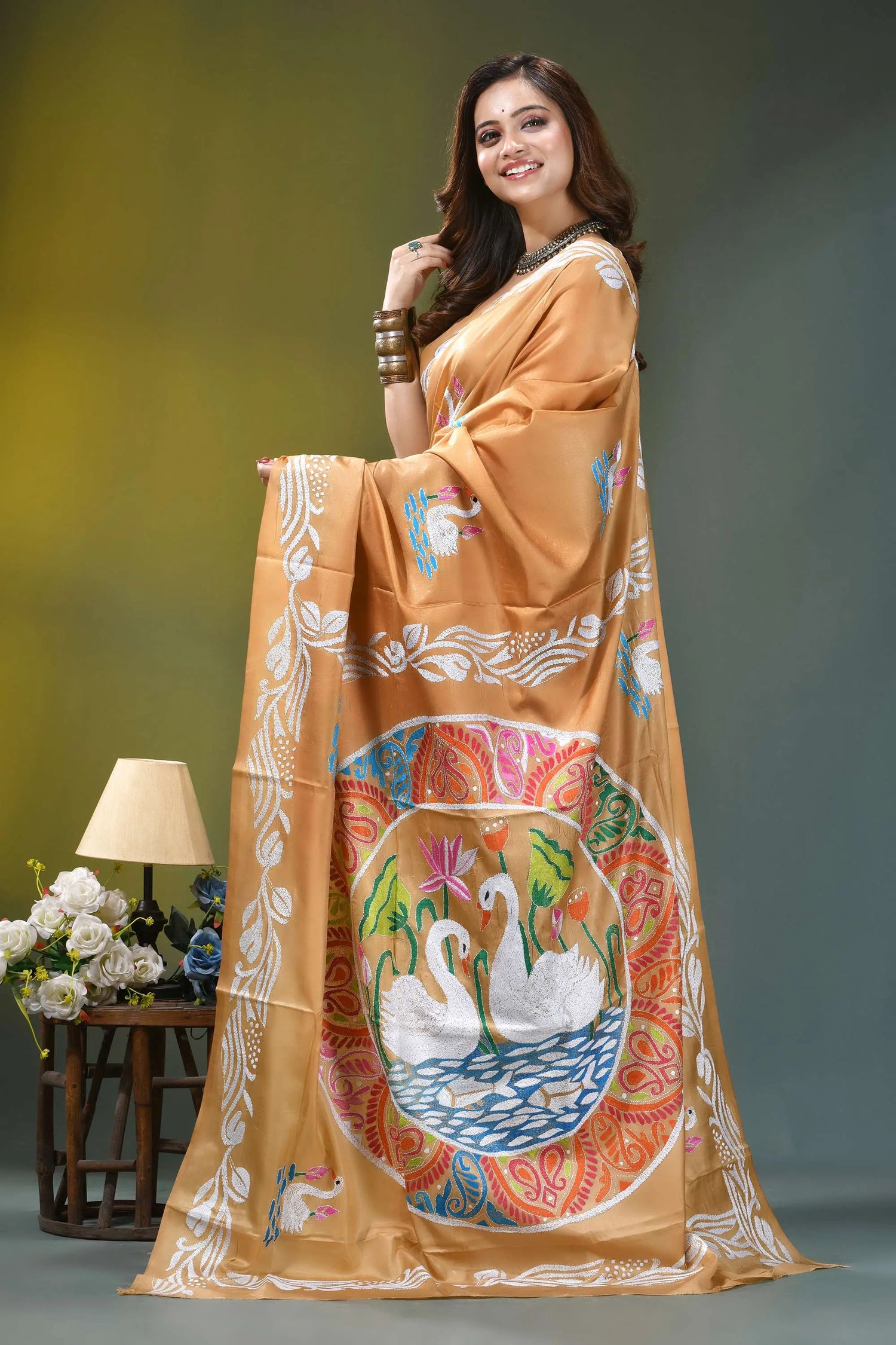 Camel gold multicolor swan design silk kantha saree golden-orange silk saree adorned intricate 3