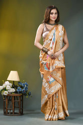 Camel gold multicolor swan design silk kantha saree golden-brown silk saree intricate white 4
