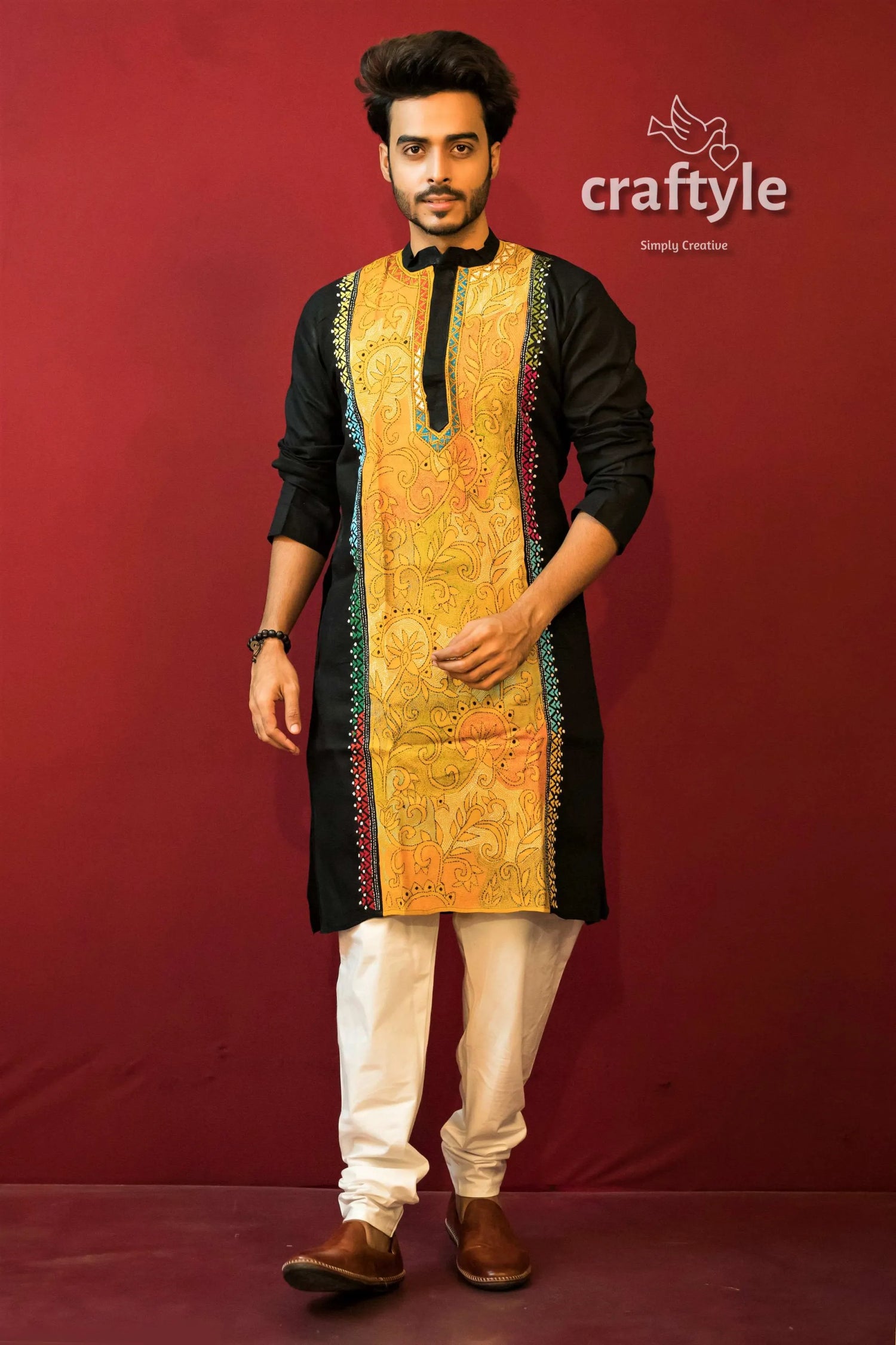 Canary yellow &amp; black kantha work hand embroidered mens cotton kurta man colorful 5