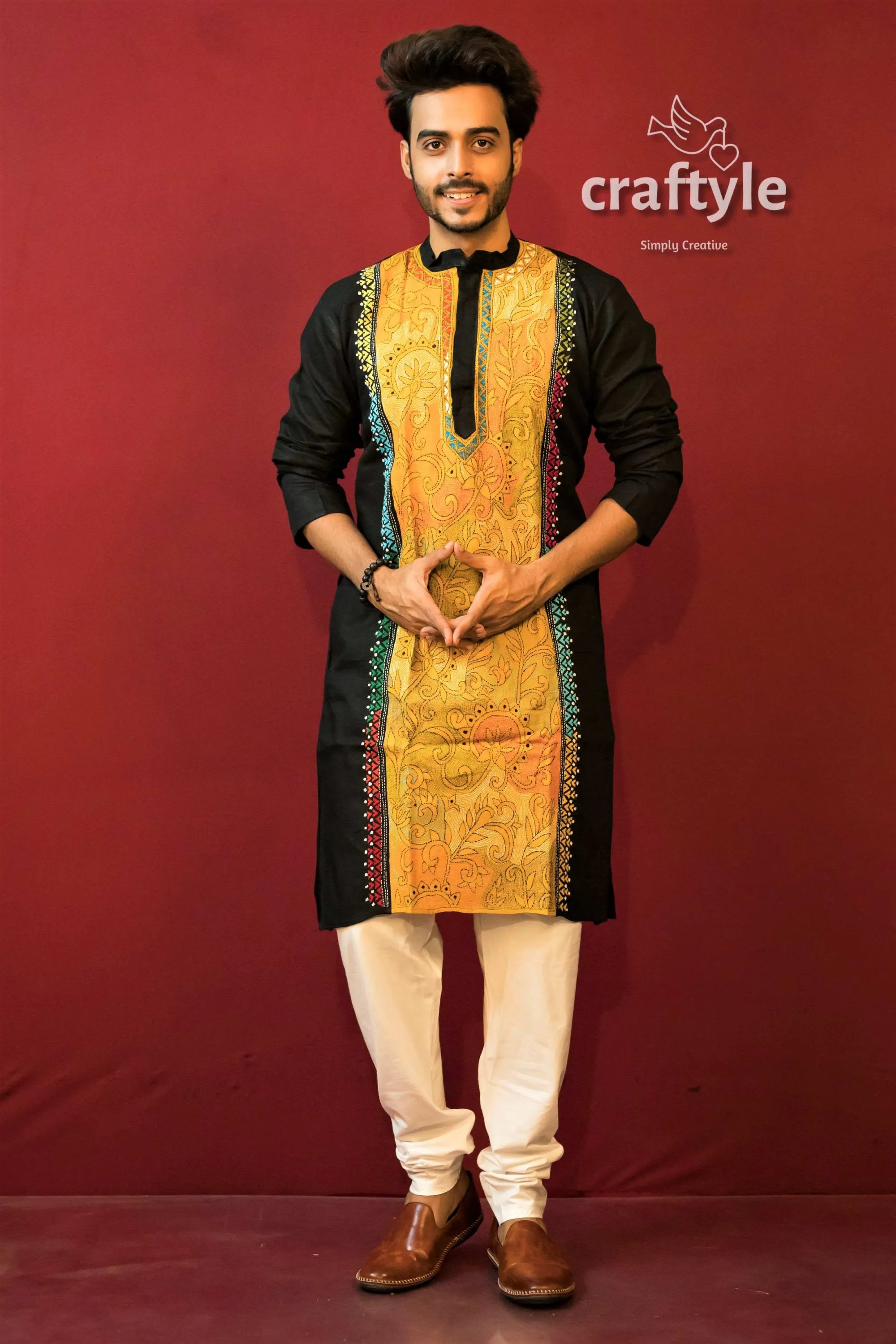 Canary yellow &amp; black kantha work hand embroidered mens cotton kurta men’s central 1