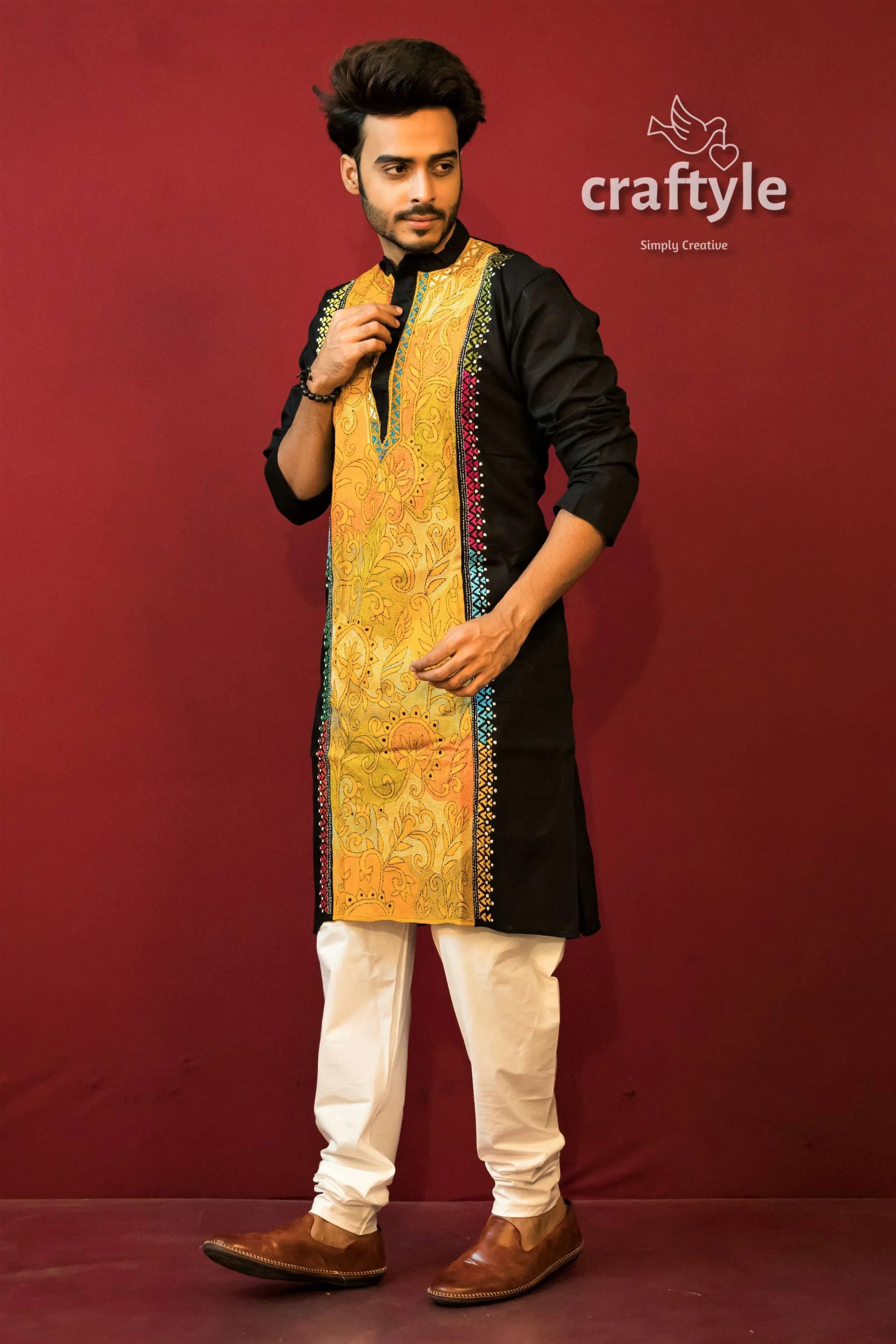 Canary yellow &amp; black kantha work hand embroidered mens cotton kurta men’s 4