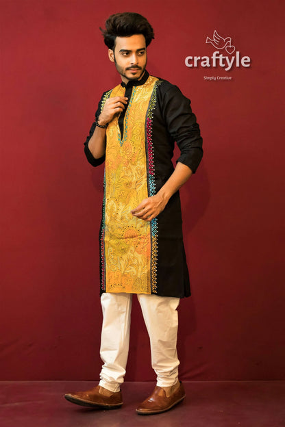 Canary yellow &amp; black kantha work hand embroidered mens cotton kurta men’s 4
