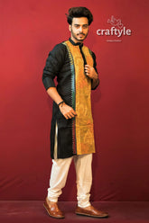 Canary yellow & black kantha work hand embroidered mens cotton kurta men’s 2