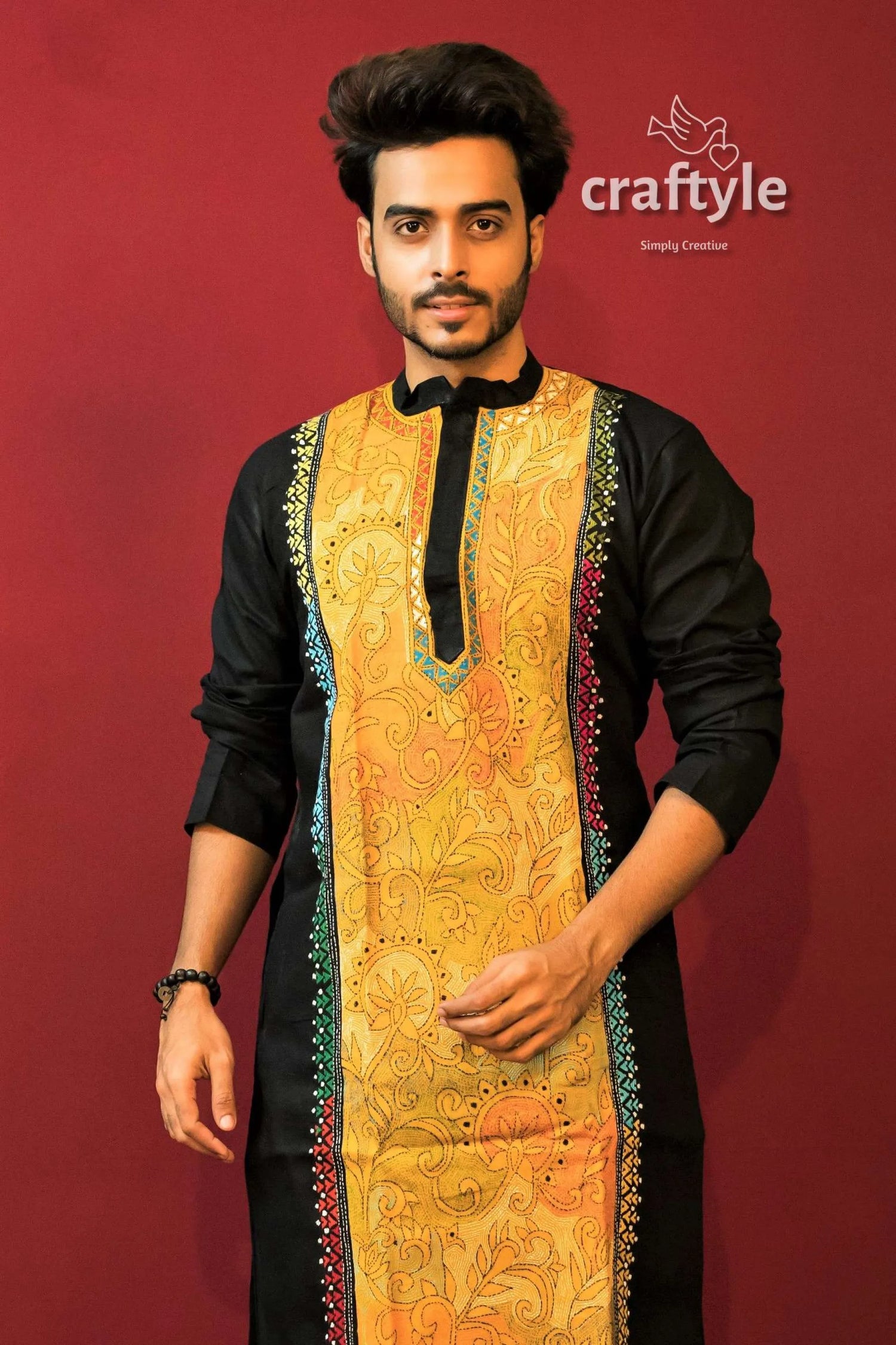 Canary yellow &amp; black kantha work hand embroidered mens cotton kurta men’s long-sleeved 3