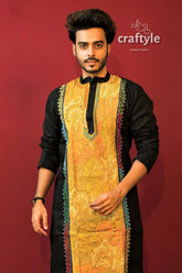 Canary yellow & black kantha work hand embroidered mens cotton kurta men’s long-sleeved 3
