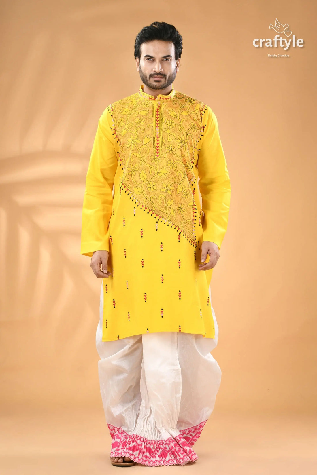 Canary yellow kantha embroidered mens cotton kurta reverse stitch men’s yellow embroidered kurta white 1