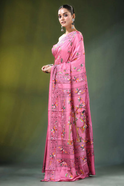 Candy pink folk art design hand embroidered silk kantha saree vibrant adorned 3