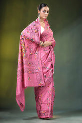 Candy pink folk art design hand embroidered silk kantha saree vibrant hand-block printed 4