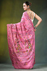 Candy pink folk art design hand embroidered silk kantha saree vibrant adorned 5