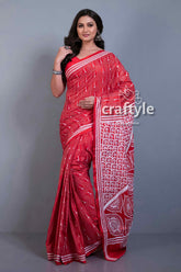 Candy Red Hand Embroidery Blended Bangalore Silk Kantha Stitch Saree-Craftyle