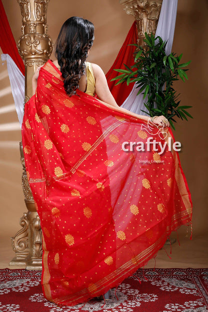 Candy Red Handloom Cotton Saree-Craftyle