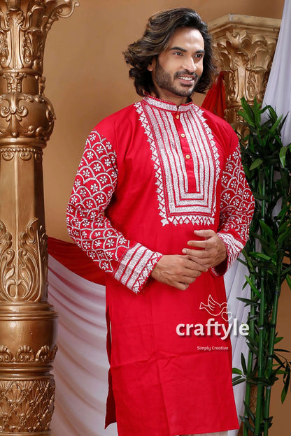 Candy red kantha stitch cotton panjabi for men kurta intricate white 2