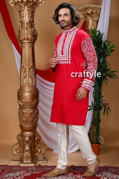 Candy red kantha stitch cotton panjabi for men embroidered kurta white geometric 3