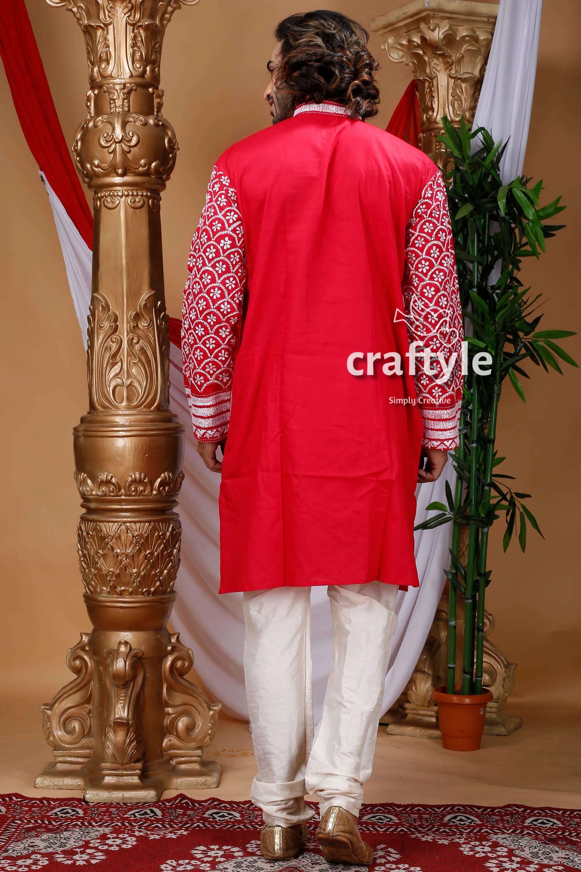 Candy red kantha stitch cotton panjabi for men embroidered kurta intricate white 4
