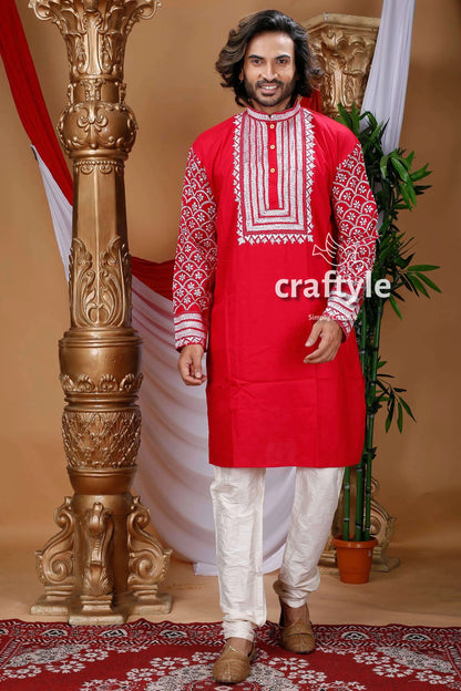 Candy red kantha stitch cotton panjabi for men embroidered kurta white geometric 1