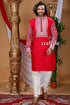 Candy red kantha stitch cotton panjabi for men embroidered kurta white geometric 1
