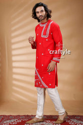 Candy red kantha work hand embroidered men’s kurta white pants 4