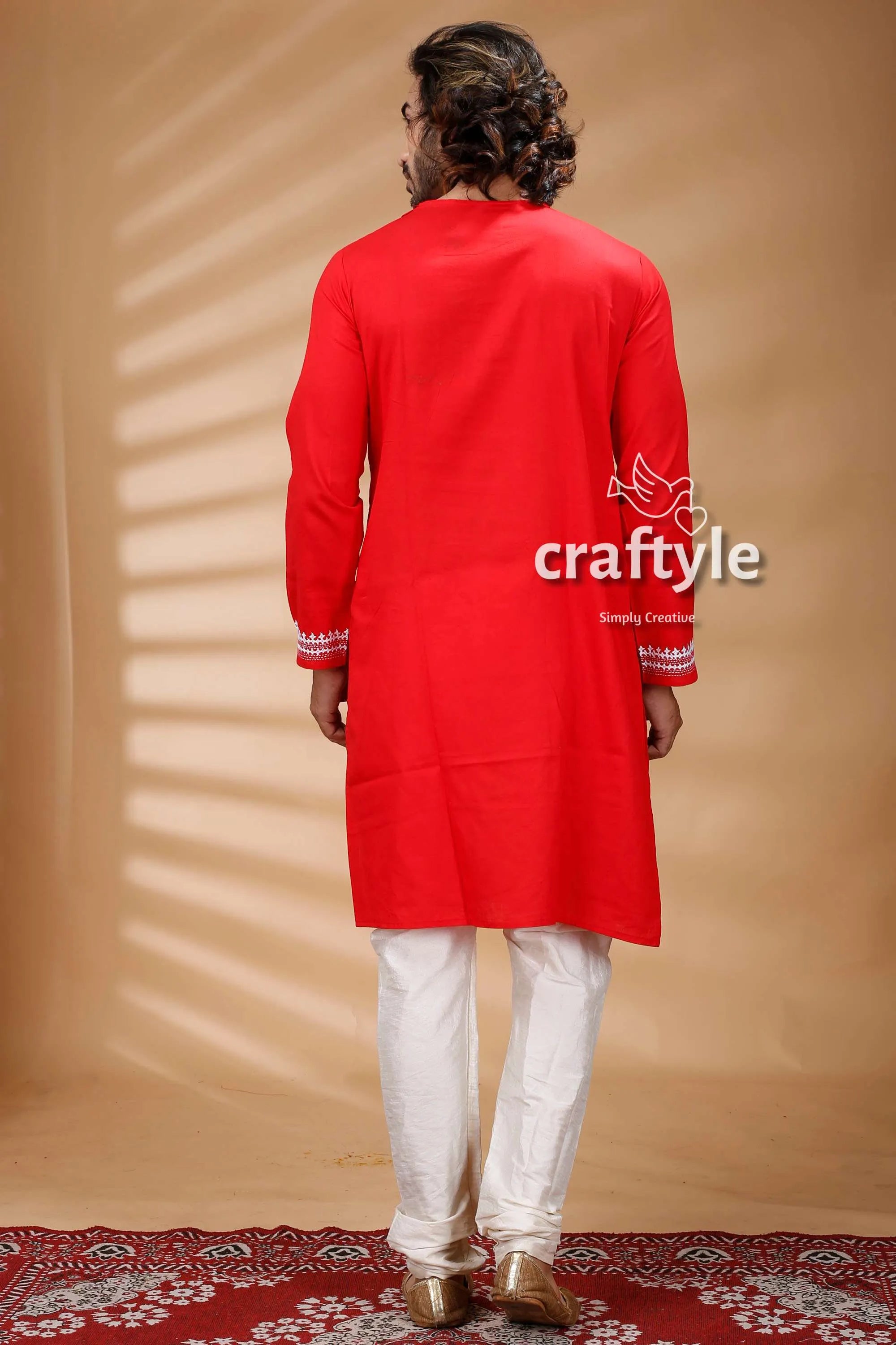 Candy red kantha work hand embroidered men’s kurta white pants 5