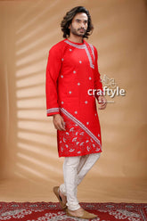 Candy red kantha work hand embroidered men’s kurta 3