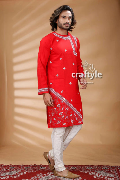 Candy red kantha work hand embroidered men’s kurta 3