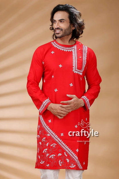 Candy red kantha work hand embroidered men’s kurta 2