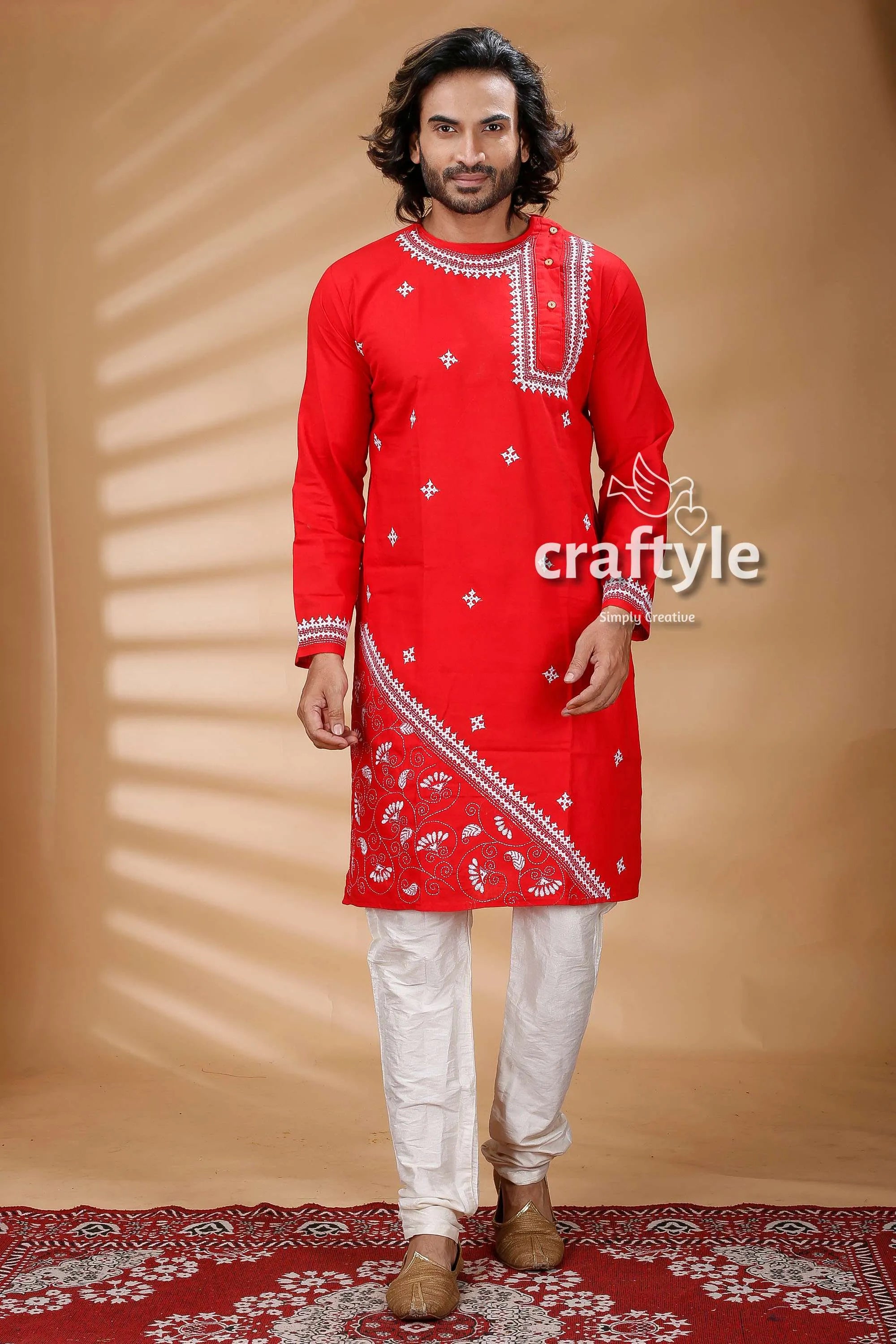Candy red kantha work hand embroidered men’s kurta pajama set 1