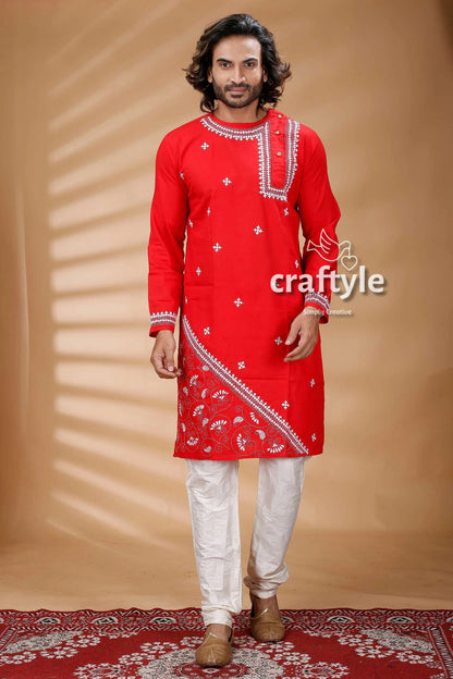 Candy red kantha work hand embroidered men’s kurta pajama set 1