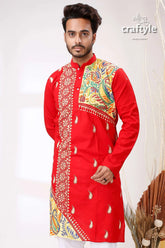 Candy red multithread kantha work cotton punjabi for men kurta colorful embroidery 2