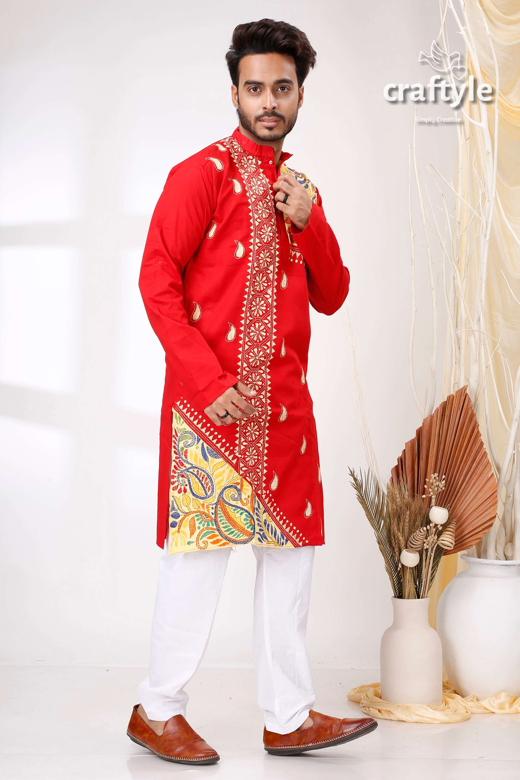 Candy Red Multithread Kantha Work Cotton Punjabi for Men - Craftyle