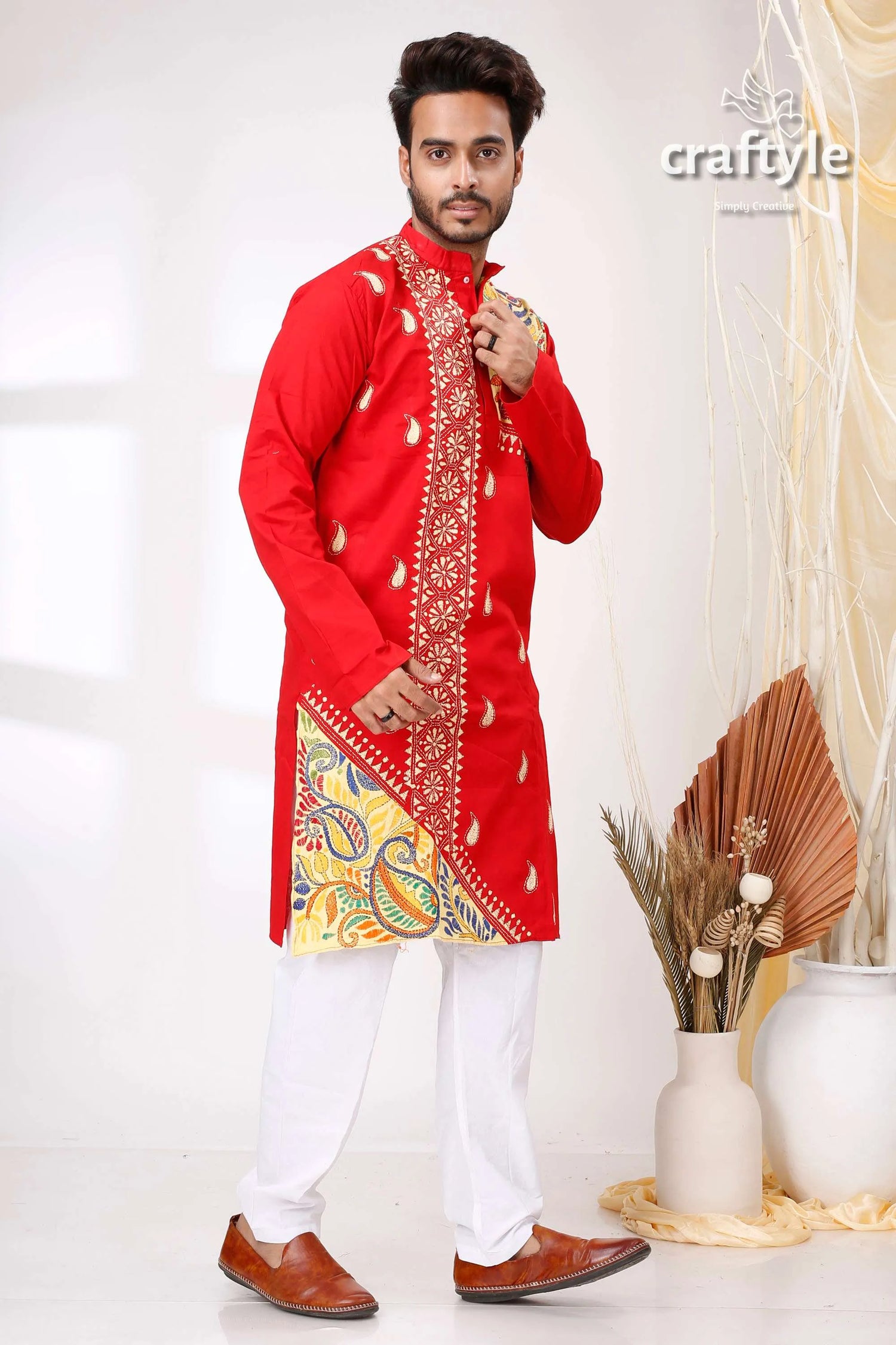 Candy red multithread kantha work cotton punjabi for men embroidered kurta white pants 4